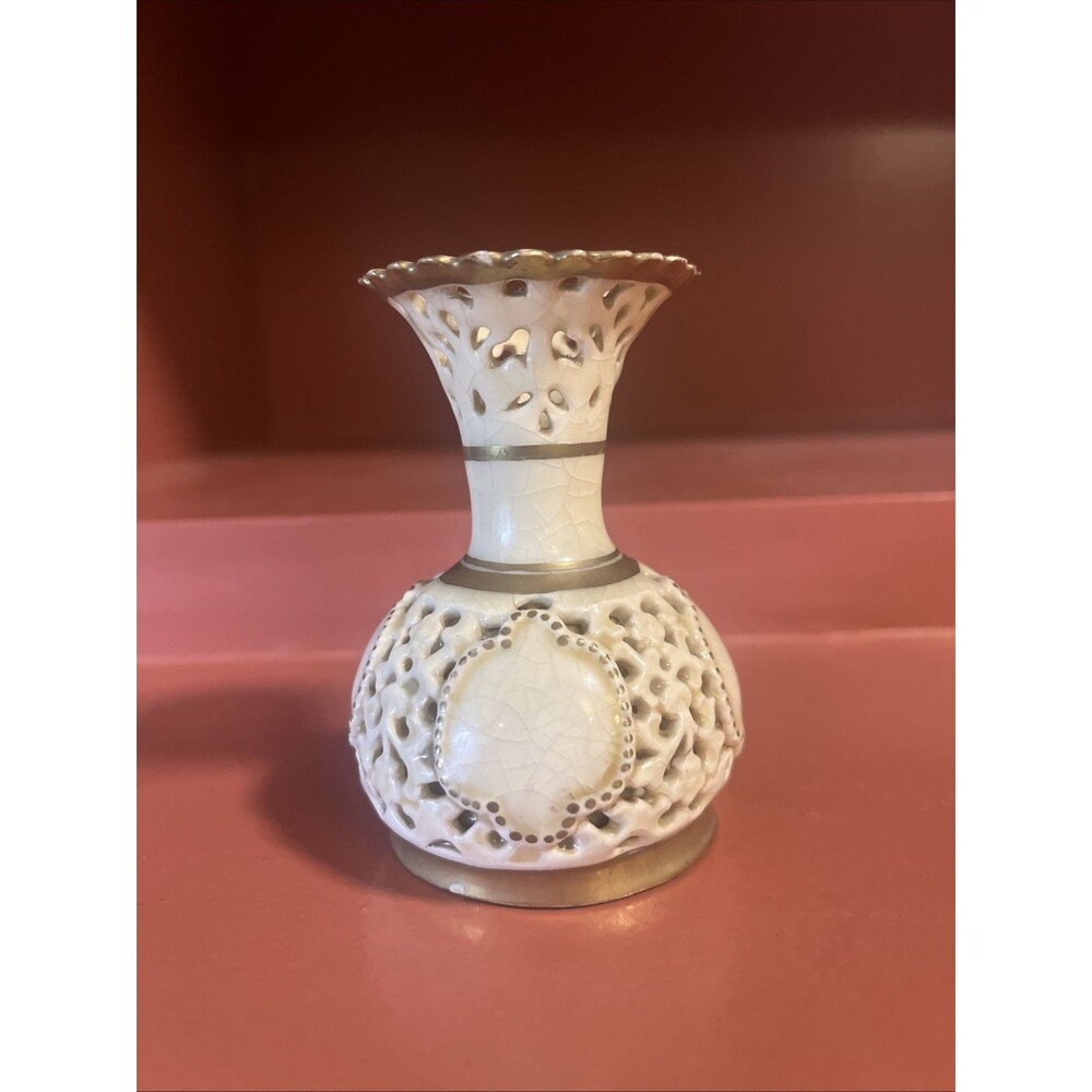 ZSOLNAY Reticulated Bud Vase Hungarian 3.5” Tall READ